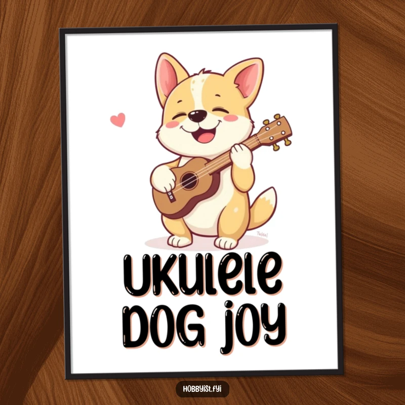 Funny digital art print of a giggling dog happily strumming a tiny ukulele, perfect for immediate humorous decoration.