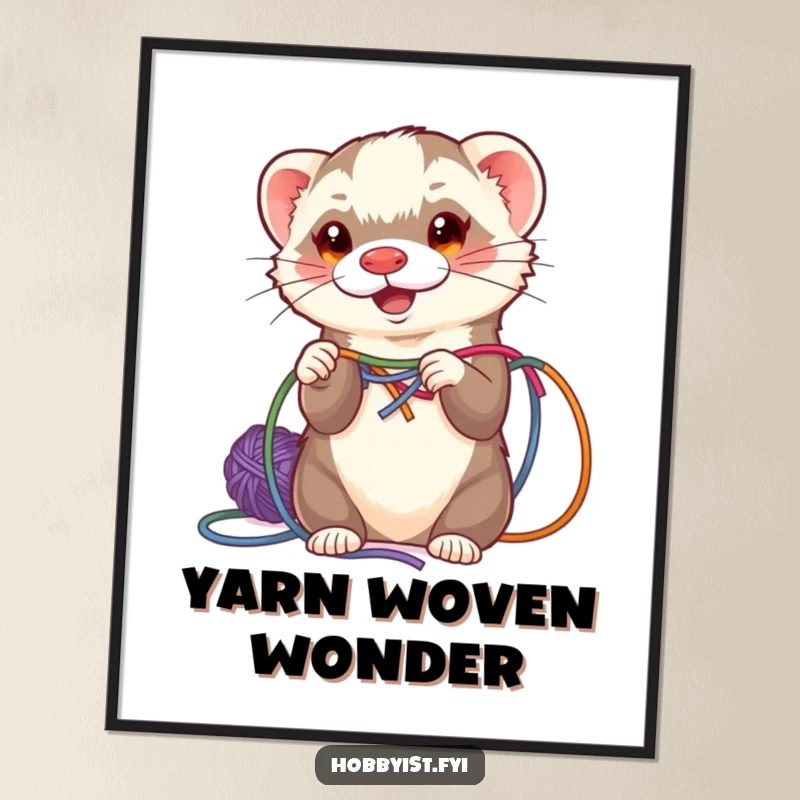 Funny energetic ferret weaving colorful yarn, as a high-resolution digital art print, ready for immediate use.