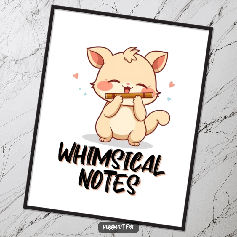 Funny Digital Art Print: A playful creature with a wagging tail enthusiastically plays a miniature flute, offering instant musical charm.