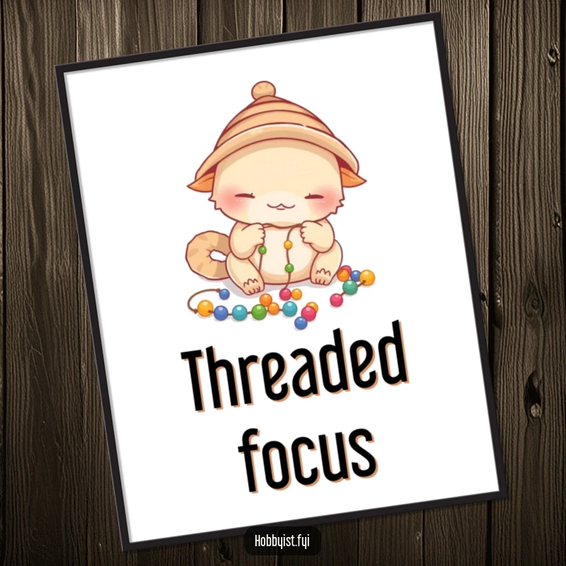 Funny Focused Creature Digital Art: a creature wearing a small hat carefully stringing colorful beads onto a delicate thread, downloadable funny gift.