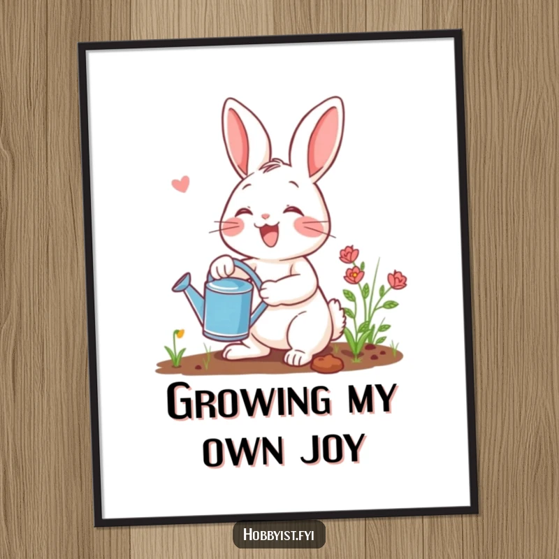 Funny gardening rabbit digital art print featuring a happy bunny holding a watering can, perfect for digital display or printing as a humorous artwork.
