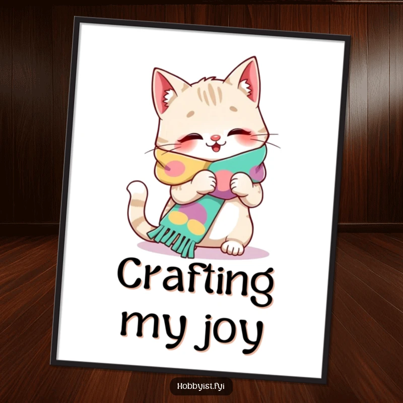 Funny cat knitting digital art print, a giggling feline working on a comically large scarf.