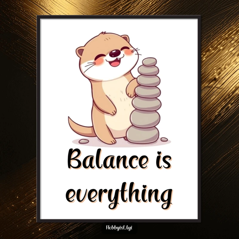 Funny Kawaii otter digital art print, featuring a giggling otter gleefully balancing a precarious stack of pebbles, offering instant playful decor.