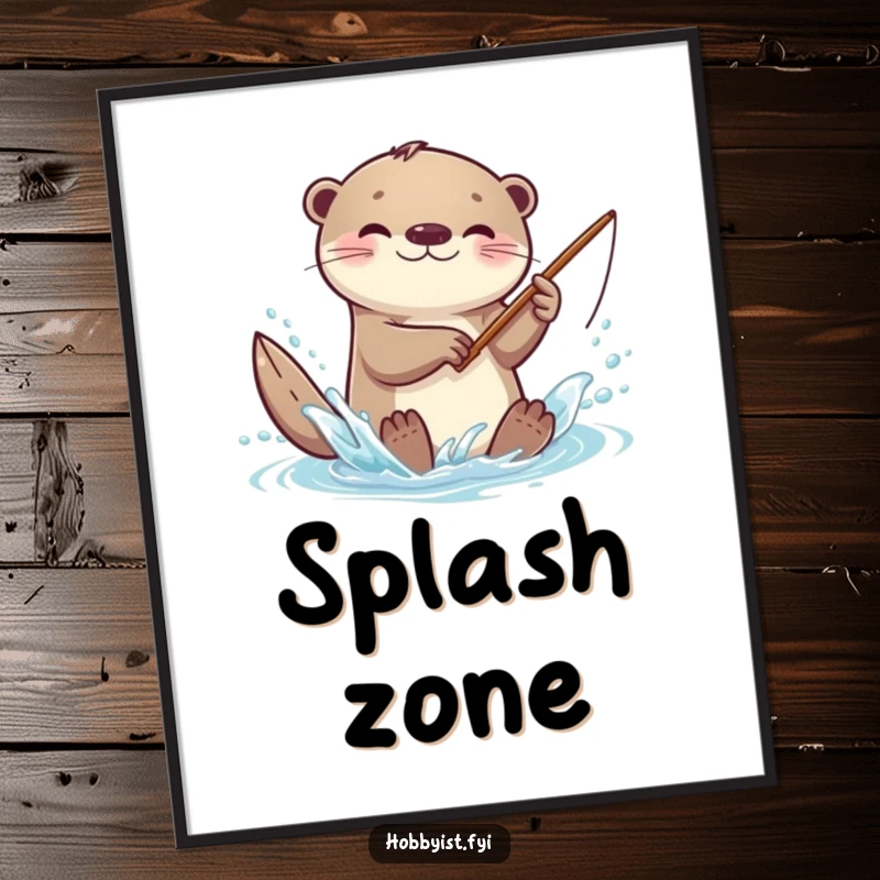 Funny kawaii otter digital art print, showcasing an otter splashing playfully with a miniature fishing rod, full of whimsical charm.