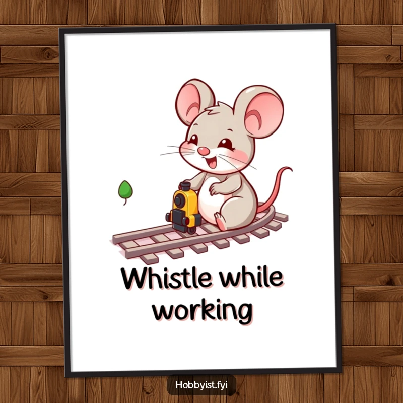 Funny, cheerful mouse character delightedly playing with a miniature train track setup, presented as a high-quality digital art print.