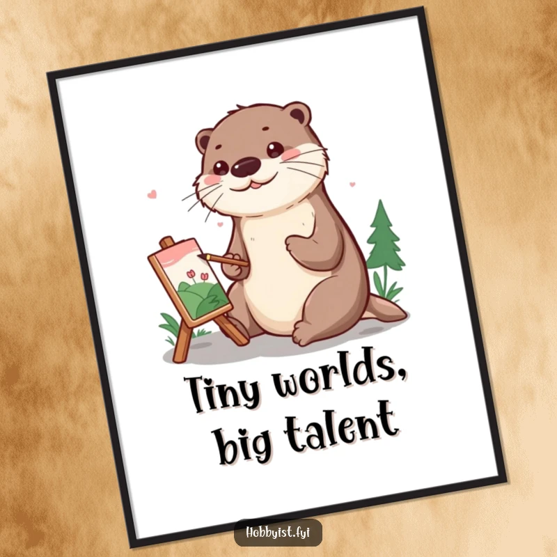 Funny Digital Art Print of a cheerful otter meticulously painting a tiny landscape, perfect for instant home decor.