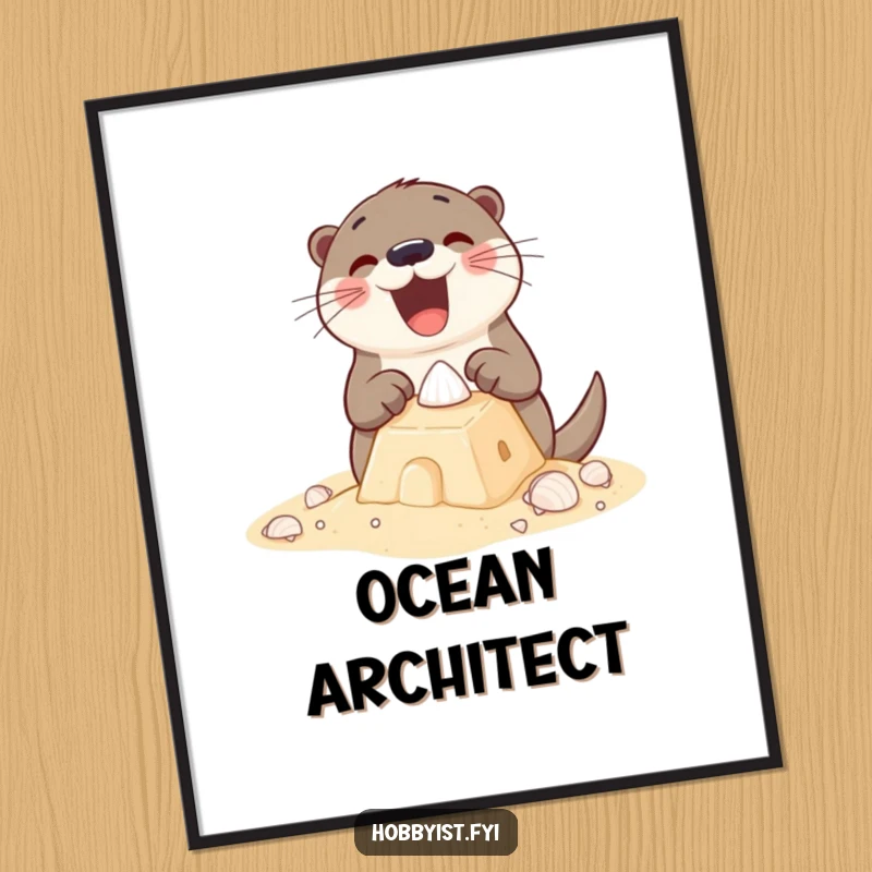 Funny Digital Art Print of an excited otter building a sandcastle with tiny shells, perfect for vibrant and playful wall decor.