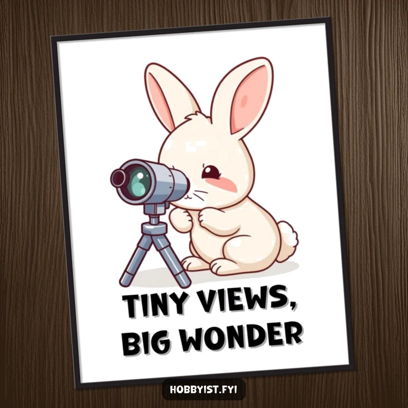 Funny digital art print of a curious rabbit meticulously examining a miniature telescope, ideal for instant space-themed decor.
