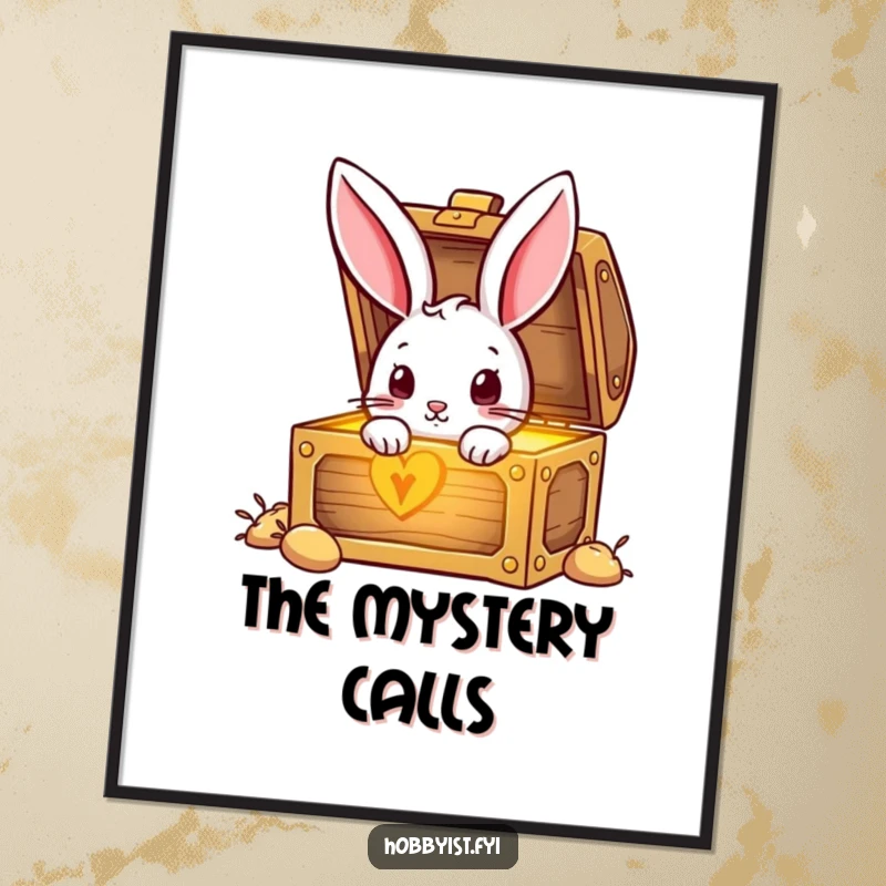 Funny Rabbit character inquisitively looking into a magical, glowing treasure chest, a humorous digital art print.