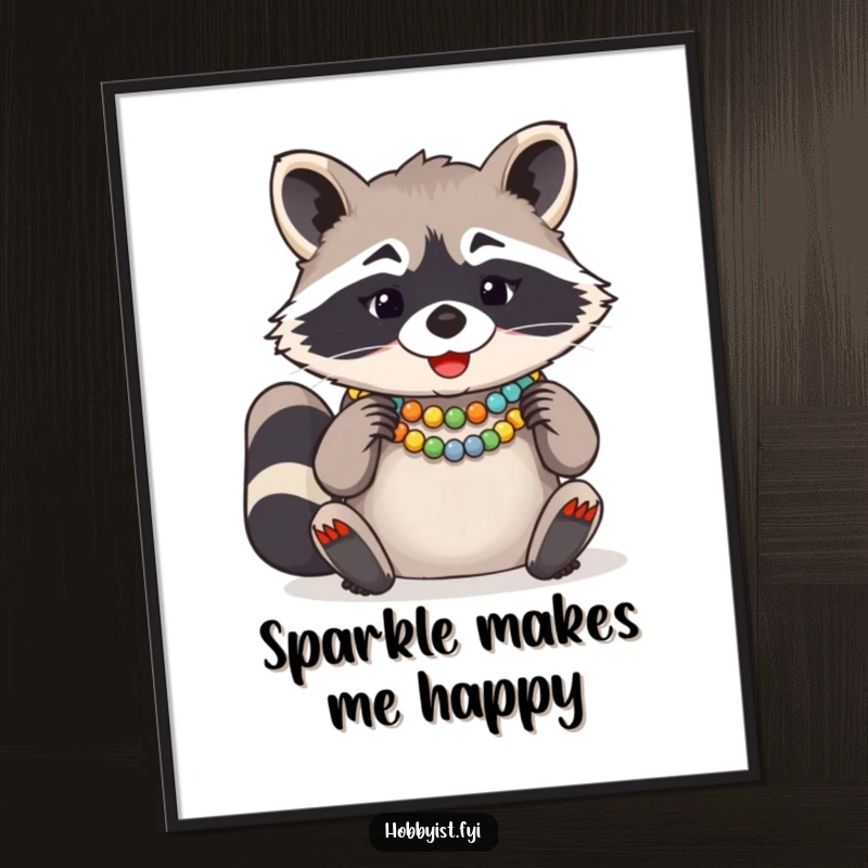 Funny Raccoon Bead Necklace Digital Art Print, a giggling raccoon expertly arranging colorful beads for a necklace, ready to print.