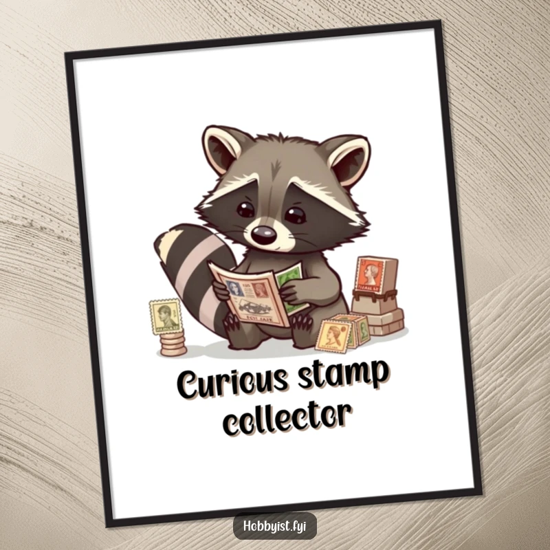 Funny raccoon examining antique stamps with a magnifying glass, as a high-resolution digital art print, ready for immediate use.