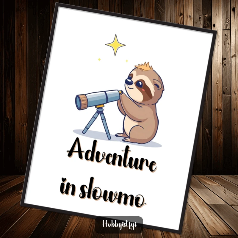 Funny Sloth Telescope Star Digital Art Print, a curious sloth using a telescope to view a twinkling star, ready to display.