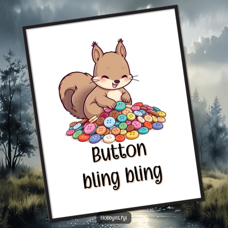 Funny digital art print of a smiling squirrel meticulously sorting a massive pile of shiny buttons, perfect for humorous wall decor.