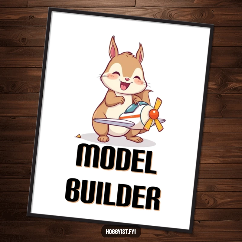 Funny Digital Art of a joyful kawaii squirrel happily assembling a miniature model airplane, perfect for digital displays and inspiration.