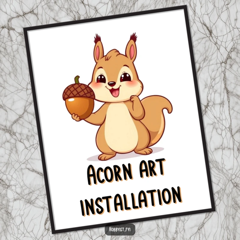 Funny digital art print of a cheerful squirrel proudly presenting a perfectly crafted acorn sculpture, adding whimsical decor.