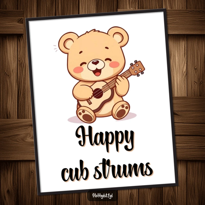 Funny bear cub happily playing a miniature ukulele, as a high-resolution digital art print, ready for instant download.