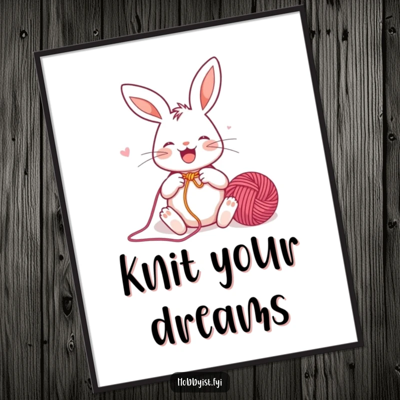 Funny Digital Art Print of a joyful rabbit enthusiastically knitting a colorful yarn ball, perfect for adding a touch of crafty cuteness.