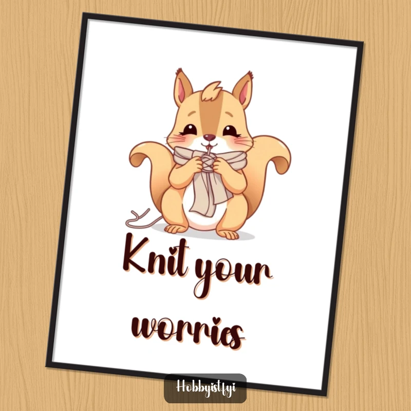 Funny digital art print of a cheerful squirrel knitting a tiny scarf with yarn, perfect for instant cozy decor.