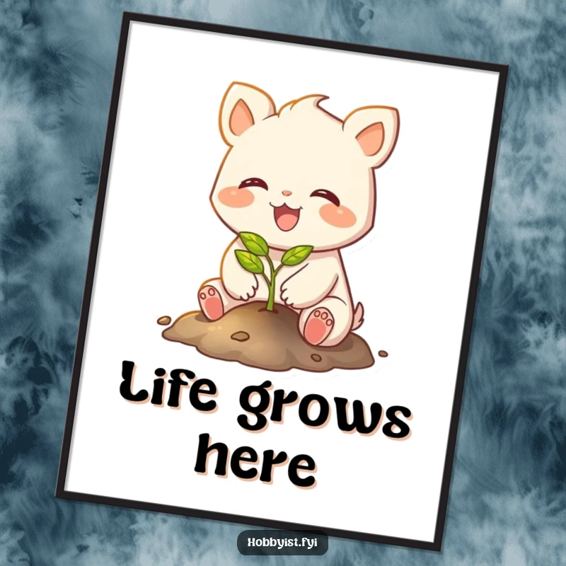 Funny digital art print of a joyful creature with small paws planting a tiny, glowing sapling, symbolizing growth and hope