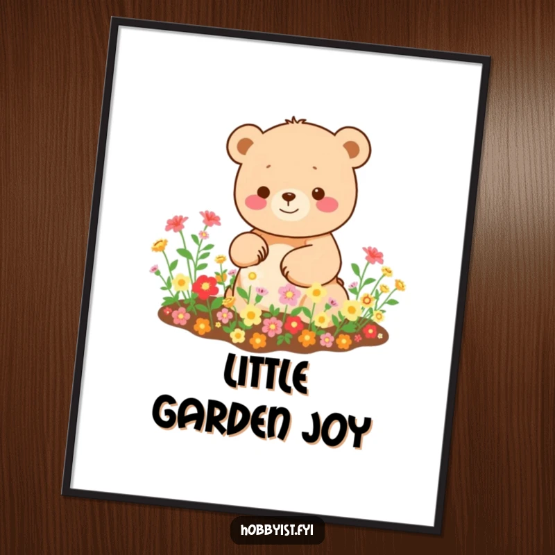 Funny Kawaii bear digital art print, depicting a happy bear tending a miniature garden with tiny, bright blooms, offering instant cheer.