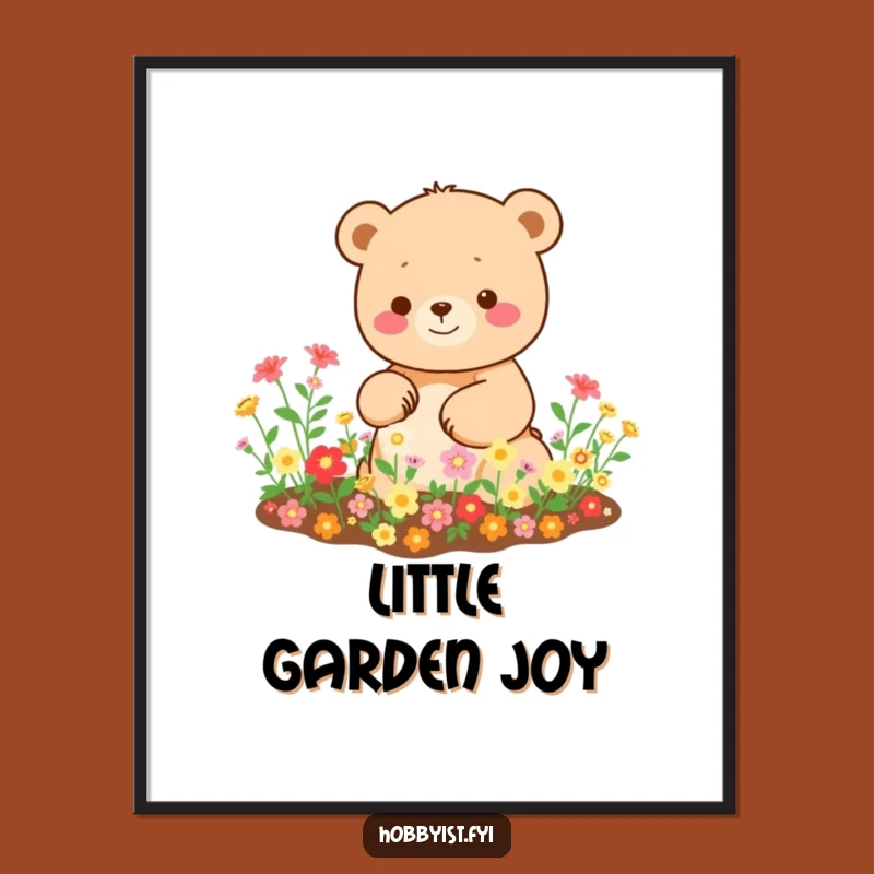 Funny Kawaii Bear Digital Art: Happy Gardener, Blooming Decor Gift