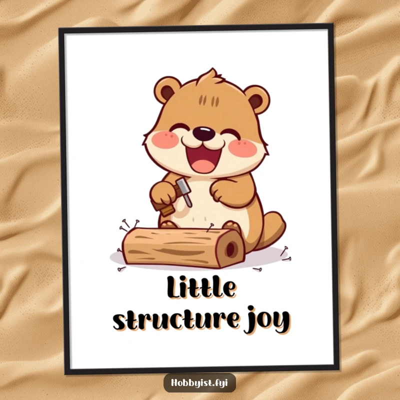 Funny Kawaii beaver digital art print, featuring an excited beaver hammering tiny nails into a miniature wooden structure, offering instant decor.