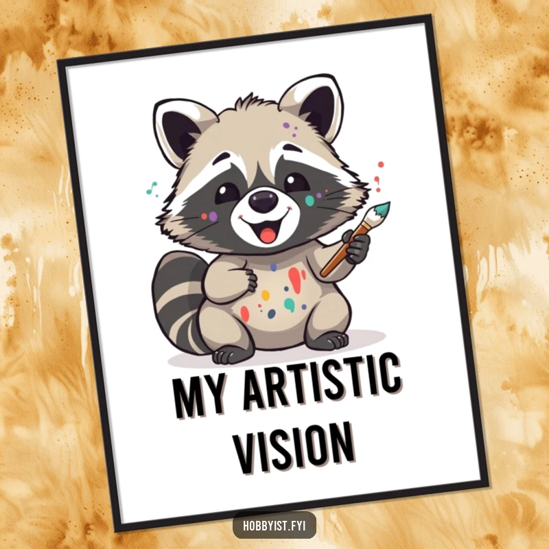 Funny digital art print of a delighted raccoon artist covered in paint splatters, holding a brush, ready to inspire creativity and laughter.