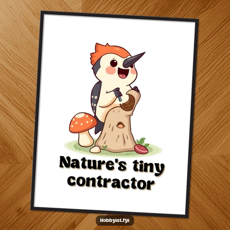 Funny digital art print of a joyful woodpecker drilling a tiny hole into a mushroom, ideal for instant nature-themed decor.