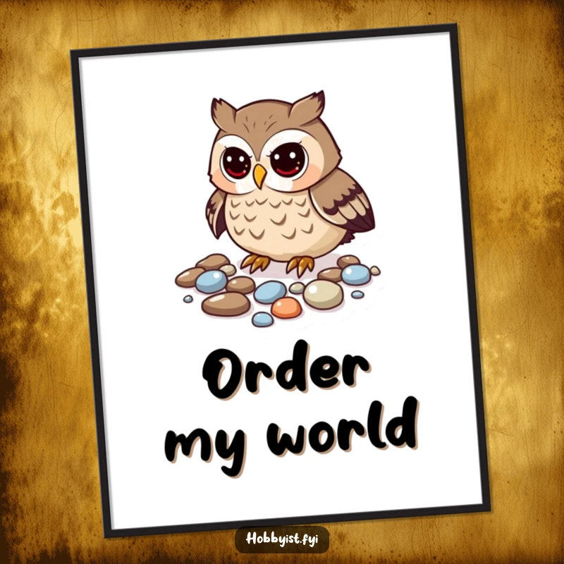 Funny owl digital art print, a curious owl meticulously arranging shiny pebbles.