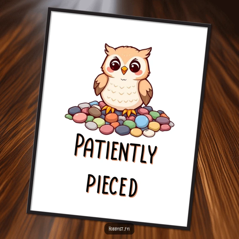 Funny digital art print of a cheerful owl carefully arranging colorful pebbles into a mosaic, perfect for immediate artistic decoration.