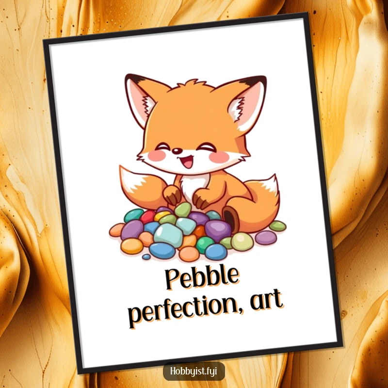 Funny Fox Digital Art Print: A little fox excitedly arranges colorful pebbles into a mosaic, perfect for artistic and creative decor, a funny gift.