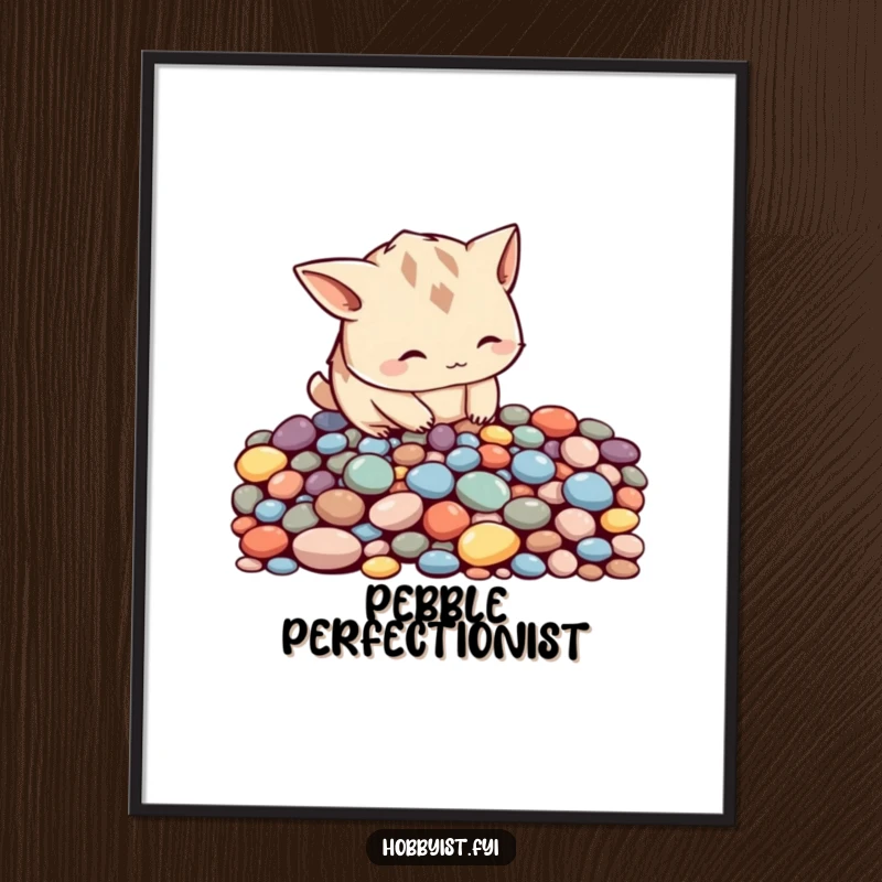 Funny curious creature with pointy ears meticulously arranging colorful pebbles into a pattern, high-resolution digital art print for mindful decor.