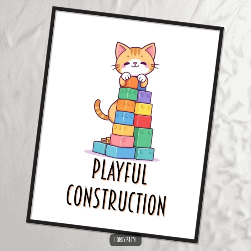 Funny Cat Blocks Tower Digital Art: A vibrant illustration of a cat character building a tall tower of colorful blocks, perfect for humorous wall decor.