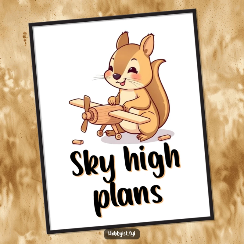 Funny Digital Art Print of a happy squirrel meticulously assembling a small wooden model airplane, perfect for detailed and inspiring wall decor.