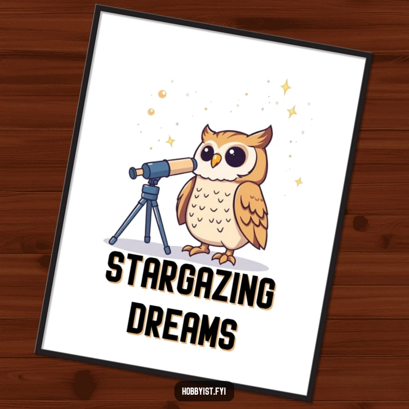 Funny Owl Telescope Digital Art Print shows a proud owl gazing at the starry sky, bringing instant cosmic wonder.