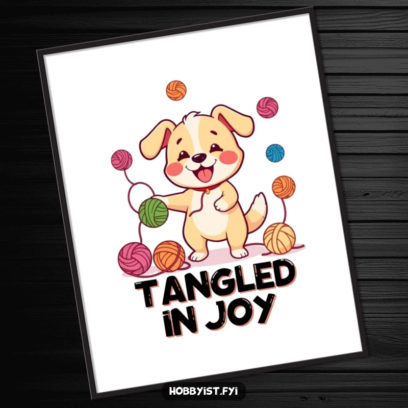 Funny Juggling Dog Yarn Digital Art: A vibrant illustration of a dog character juggling yarn balls with a wagging tail, perfect for humorous wall decor.