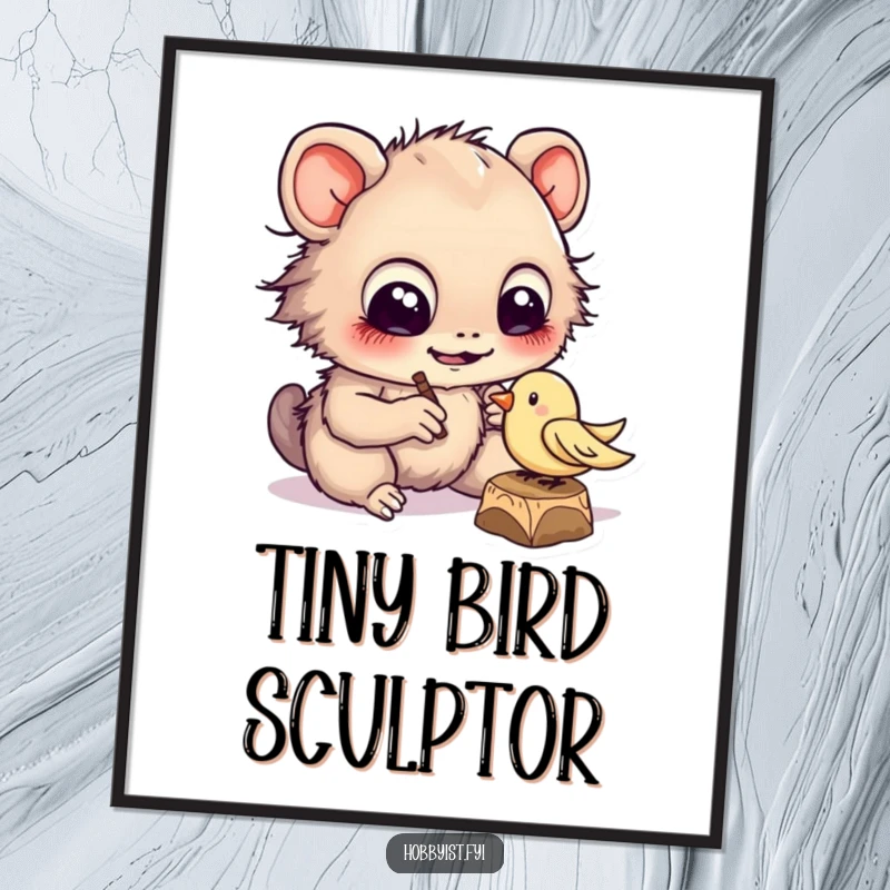 Funny cheerful creature with large eyes diligently carving a tiny wooden bird, high-resolution digital art print for crafty decor.
