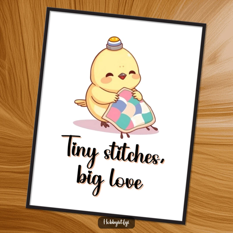 Funny Hazelnut Digital Art Print of a small bird with a thimble on its head, happily sewing a miniature quilt, full of artistic charm.