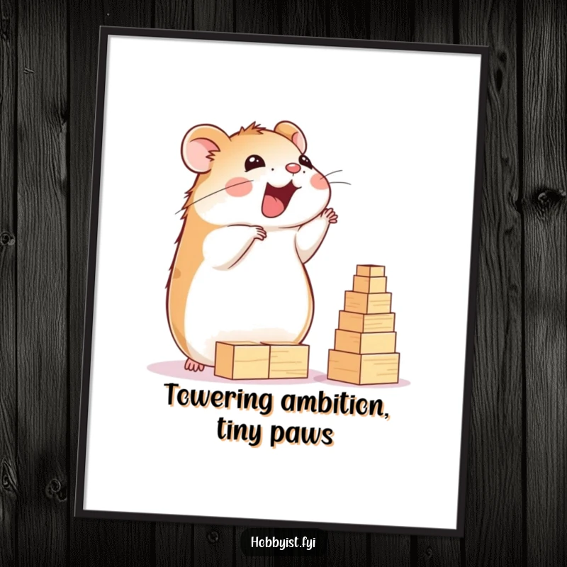 Funny Hamster Digital Art Print: A delighted hamster happily builds a towering structure of tiny wooden blocks, perfect for adding construction decor, a funny gift.