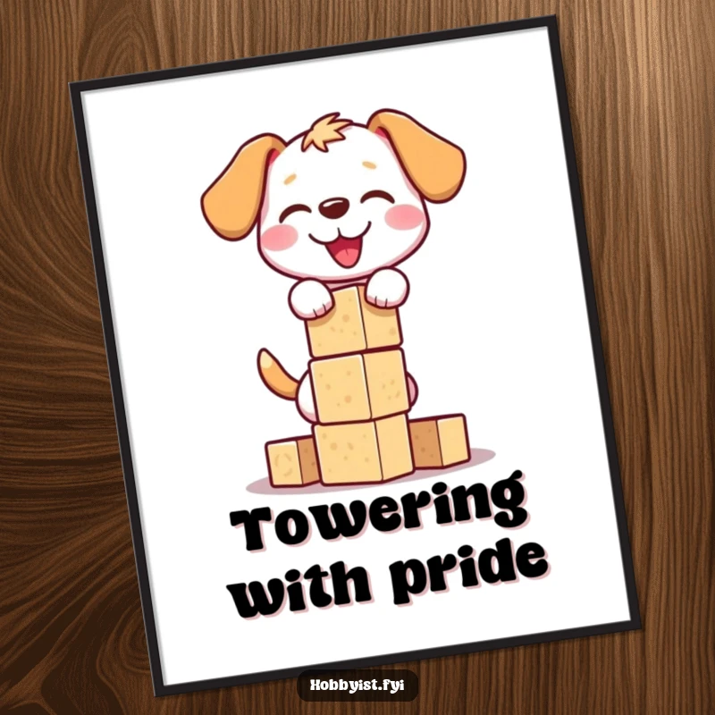 Funny dog block tower digital art print featuring a happy dog building a precarious tower of blocks, perfect for digital display or printing.