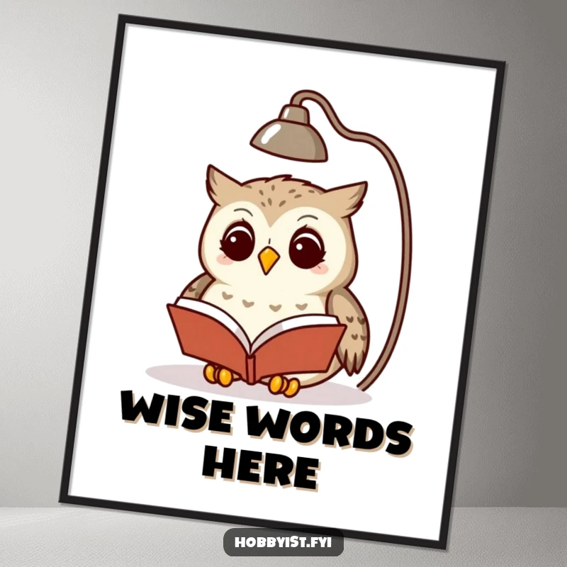 Funny owl wearing glasses reading a book under a lamp, as a high-resolution digital art print, ready for immediate use.