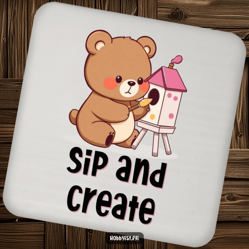 Funny cute bear painting a birdhouse with a small brush, depicted on a drink coaster, offering surface protection with artistic humor for gifts.