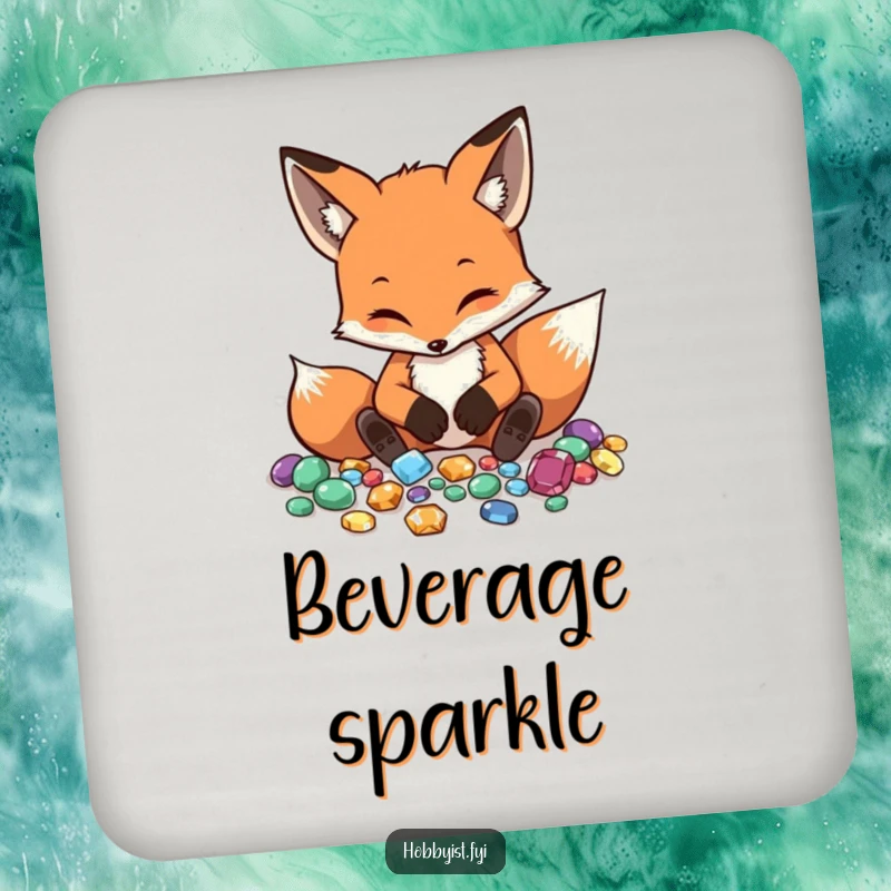 Funny Fox Drink Coaster features a diligent fox arranging gemstones, adding a sophisticated yet humorous touch to tabletops.