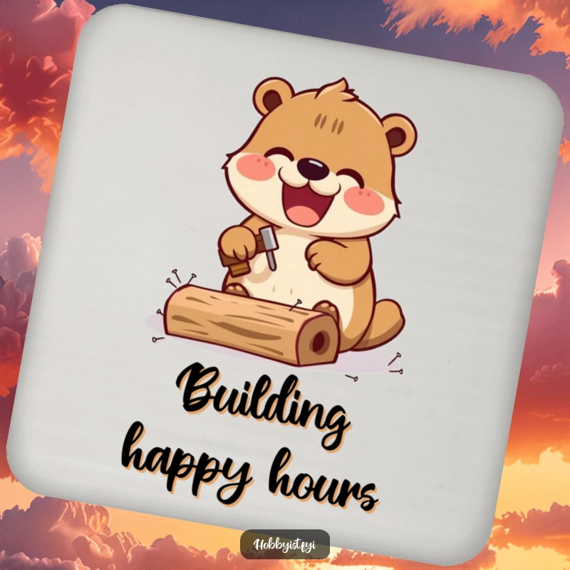 Funny Kawaii beaver coaster, with an excited beaver hammering tiny nails into a miniature wooden structure, protecting tables.