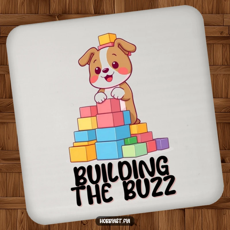 Funny, playful dog building a towering structure with colorful blocks, depicted on a functional drink coaster, protecting surfaces with humor.