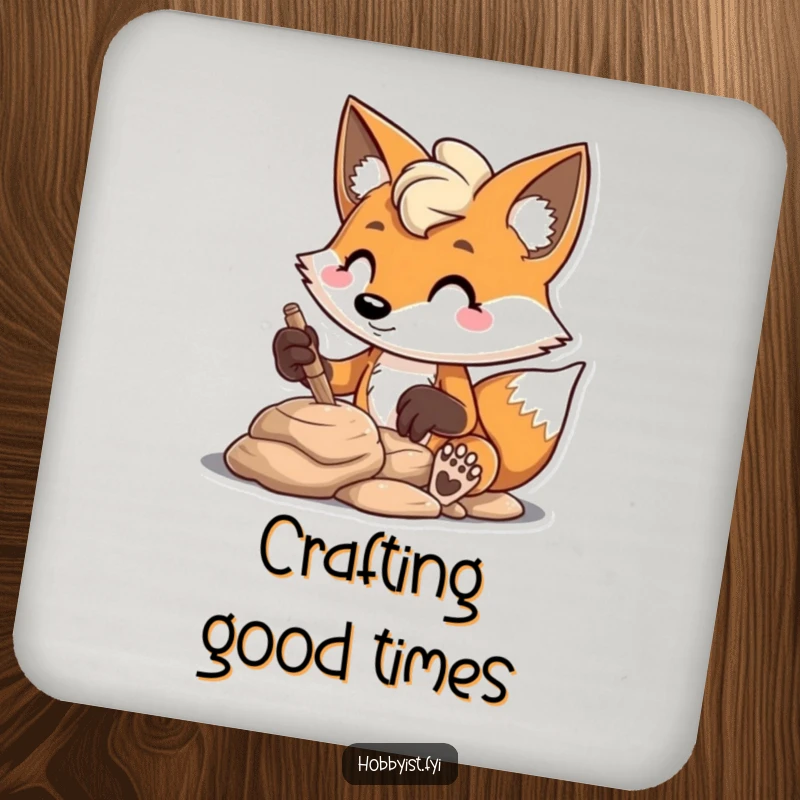Funny mischievous fox sculpting clay with focus, depicted on a drink coaster, offering surface protection with artistic humor for gifts.