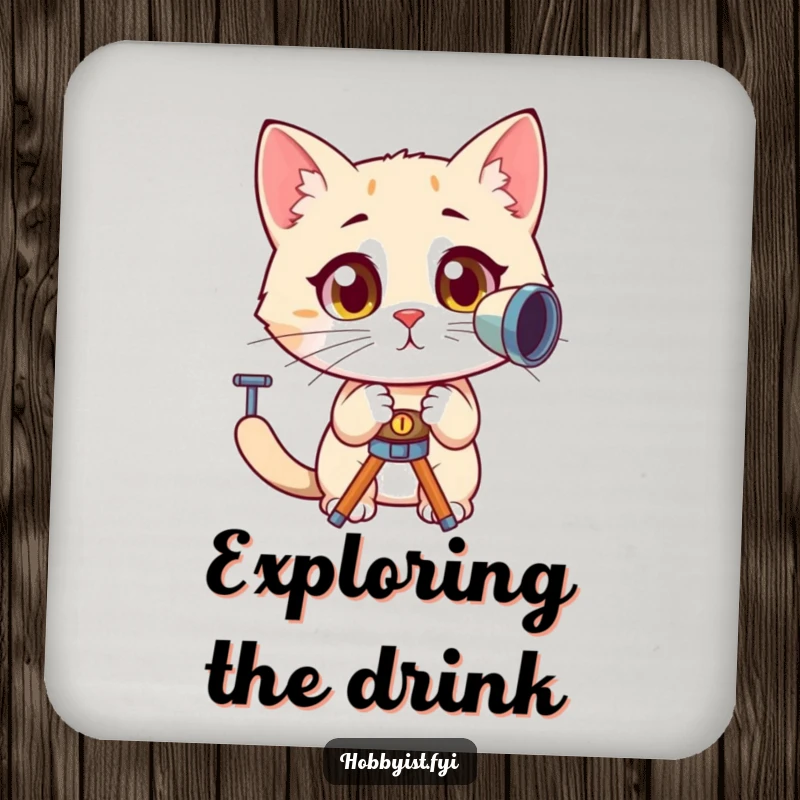 Funny, curious cat with wide, amazed eyes looking through a telescope, depicted on a functional drink coaster, protecting surfaces with humor.