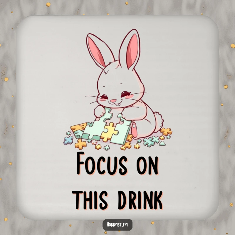 Funny Rabbit Puzzle Coaster: A delighted rabbit meticulously assembles a complex puzzle with intense focus, adding humorous charm to drink surfaces.