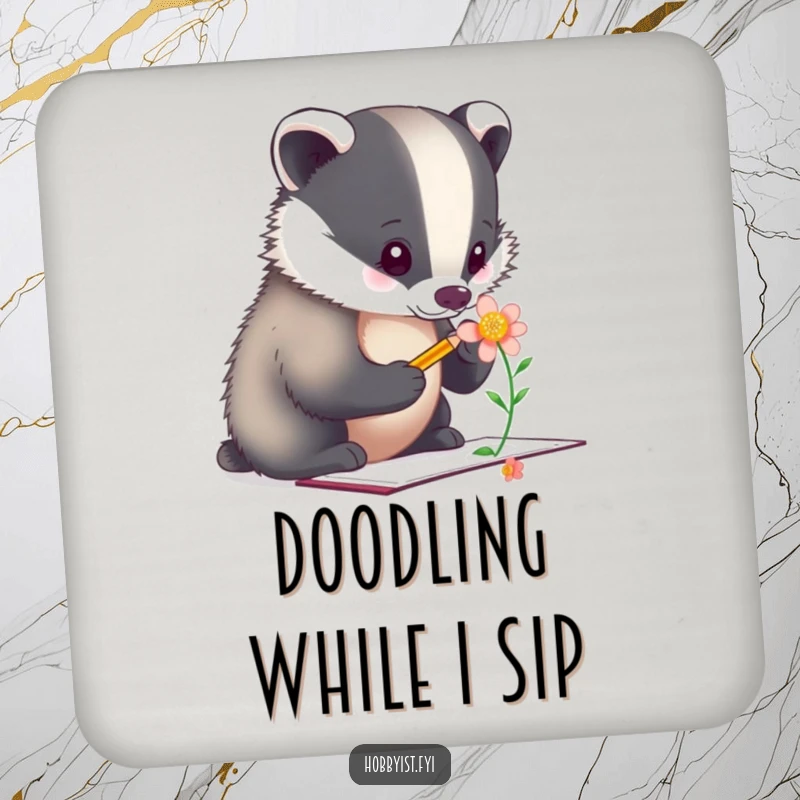 Funny Coasters: A dedicated badger artist sketches a flower, adding a touch of refined creativity to protect your surfaces.