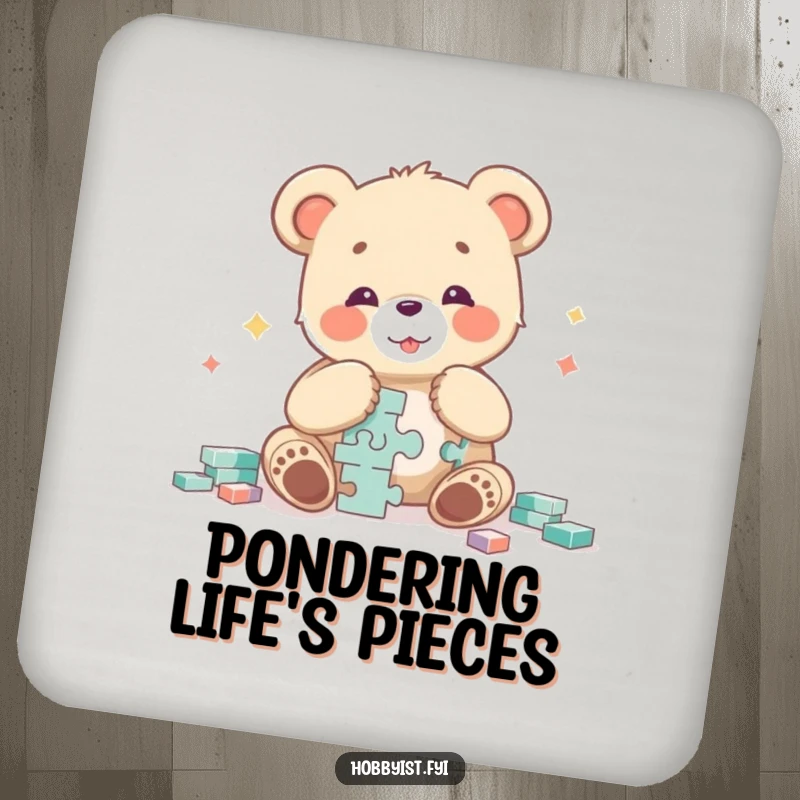 Funny bear cub character radiating glee while solving a complex puzzle, featured on a set of protective and humorous drink coasters.